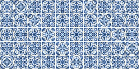Fotobehang Portugal keramische tegels Blue and white azulejo tile pattern with ornamental geometric and floral motifs. Traditional Portuguese ceramic mosaic background inspired by vintage Mediterranean wall tiles and classic decor.  © Danchenko