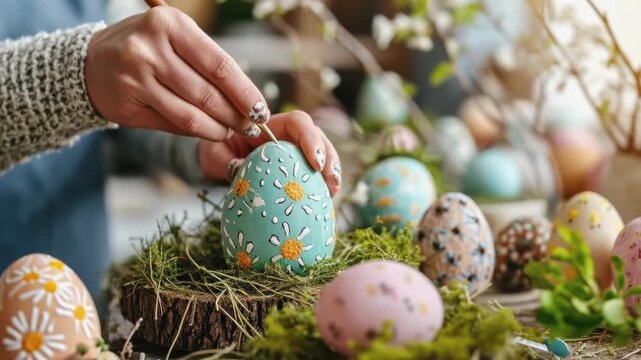 Woman decorating Easter egg with paintbrush and floral design on rustic spring craft table close-up