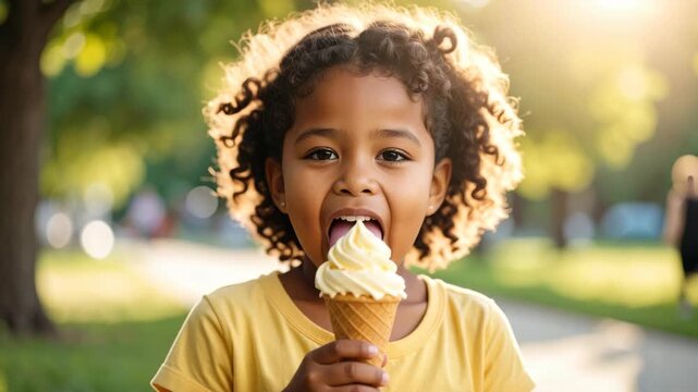 Little girl with curly hair eating vanilla soft serve ice cream cone in sunny park during golden hour