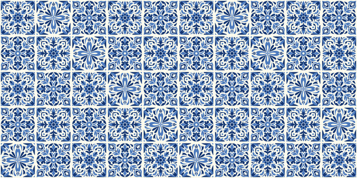 Blue and white azulejo tile pattern with ornamental geometric and floral motifs. Traditional Portuguese ceramic mosaic background inspired by vintage Mediterranean wall tiles and classic decor.