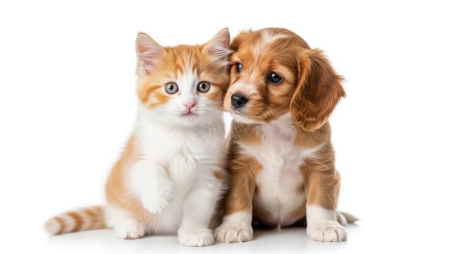 A cute ginger and white kitten sits next to a small brown and white puppy on a white background.