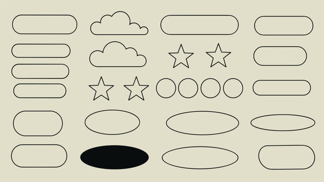 Set of simple outline shapes including rounded buttons, clouds, stars, and circles on a neutral background for interface and web design.