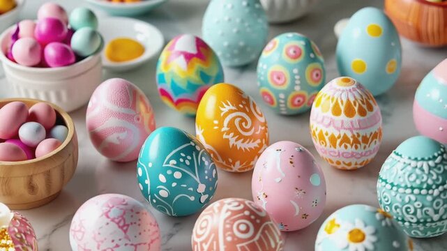 Colorful decorated Easter eggs with intricate patterns on marble surface with camera movement