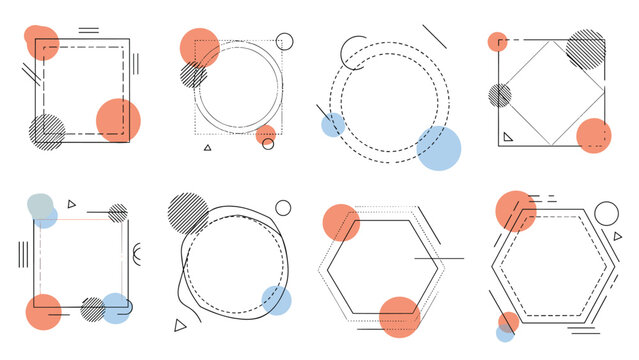 Collection of modern abstract geometric frames incorporating squares, circles, and hexagons with colorful accents for professional layouts.