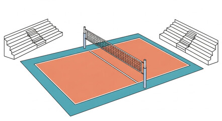 Volleyball Court Illustration with Net and Spectator Stands. © Iyan