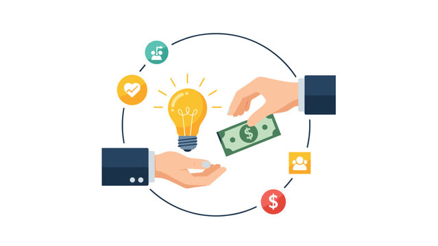 Conceptual illustration of an exchange where a hand receives money while another offers a glowing lightbulb idea for business investment.