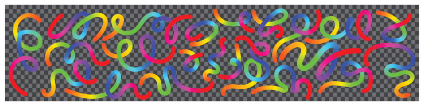 Abstract colorful 3D Wave Shape squiggle and gradient liquid shape vector pattern, bright rainbow worms and confetti curves on transparent background for trendy design