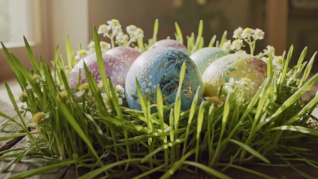 Decorated Easter eggs nestled in fresh green grass on rustic wooden table with slow dolly forward shot