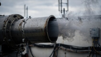 Fototapeta premium Diesel generator exhaust pipe emitting smoke during a test run main exhaust area in focus transmitter and cables softened in background.