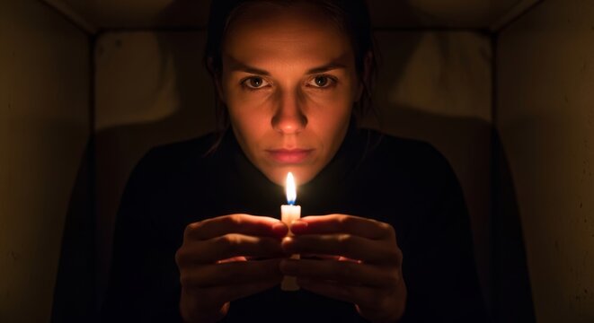 Woman holding a small candle in darkness