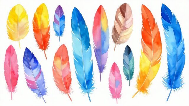 Watercolor bird feather collection with vibrant rainbow colors set on a white background for creative design projects