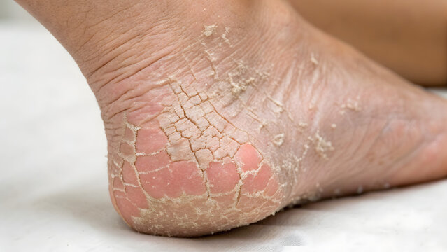 Close up view of dry and cracked human heel skin