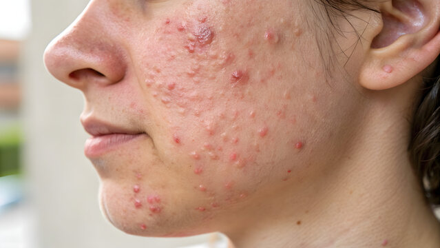 Close up view of face with acne and skin inflammation