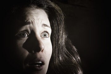 Portrait of a scared woman. Anxiety, fear, panic expression.