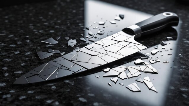 Kitchen knife shattering into pieces on a reflective countertop