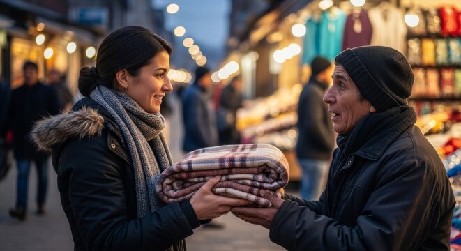 Woman offering a warm blanket to a stranger