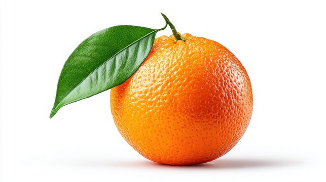 Single ripe orange with a vibrant green leaf and stem on a clean white background