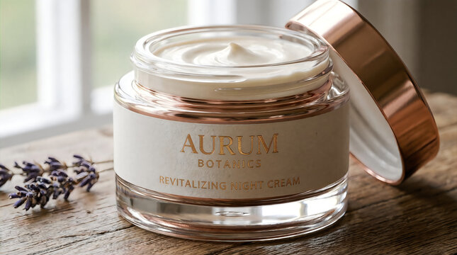 Luxury Aurum Botanics Revitalizing Night Cream in Glass Jar with Rose Gold Lid and Lavender on Rustic Wood by Window. Premium Organic Skincare for Healthy, Glowing Skin and Evening