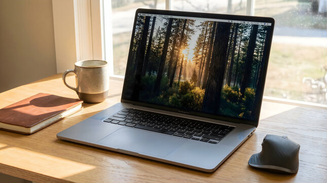 MacBook Pro Laptop, Coffee Mug & Notebook on Sunlit Wooden Desk. Ideal Modern Home Office, Remote Work, Study, or Freelance Setup with Natural Light.