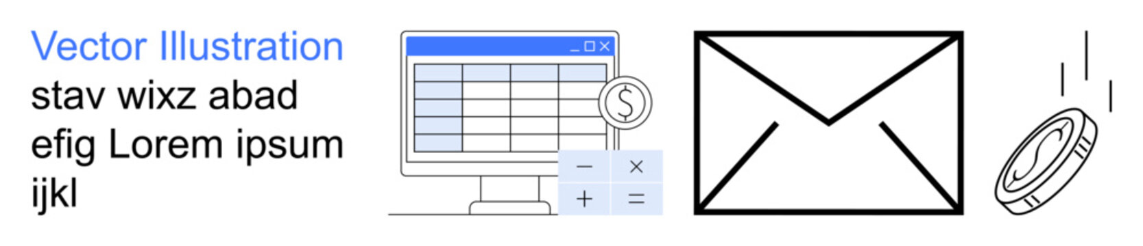 Financial management, digital banking, data analysis, communication, email marketing, currency exchange. Computer with spreadsheet, envelope and coin. Financial management and digital banking theme