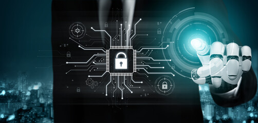 AI safeguarding cyber security system, monitoring threats, analyzing attack patterns, and securing digital infrastructure using intelligent encryption protocols. Vouch © InfiniteFlow