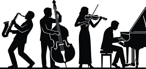 Jazz band silhouette illustration with saxophone, double bass, violin, and piano players, black and white musical performance vector scene, orchestra. © Mst