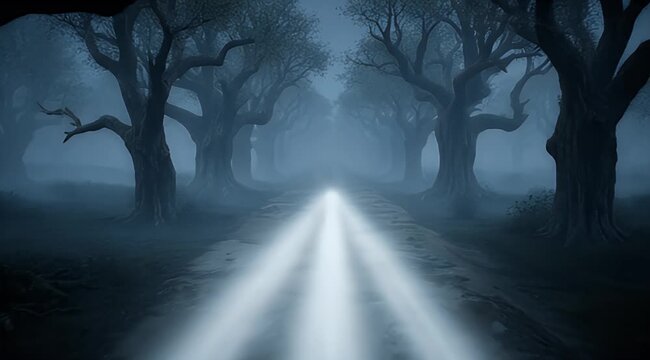 Headlights pierce a dense fog on a dark, mysterious avenue of gnarled trees