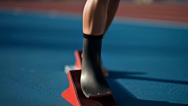 Close-Up of Athlete's Legs in Starting Blocks on Track Ready to Sprint