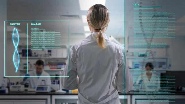 Genetic Researcher Supervises Holographic DNA Sequencing With Analytical Oversight And Planning