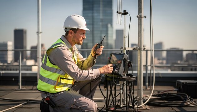 Engineer calibrating broadcast equipment on rooftop with signal meter antenna and cityscape softly out of focus behind.