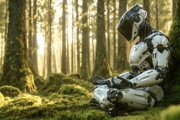 Fototapeta premium Robot sitting in forest meditating or contemplating in white and black shiny armor