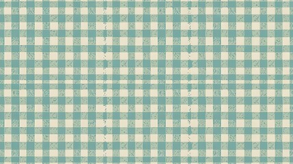 A close-up view of a teal and white checkered fabric or textile with a subtle floral pattern