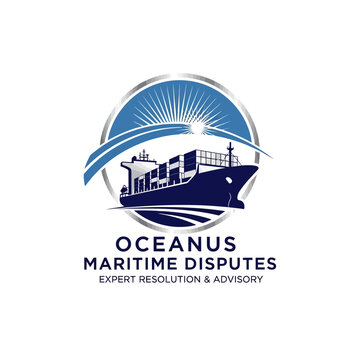 Oceanus Maritime Disputes Expert Resolution and Advisory logo with container ship in a circle with sun rays on an isolated white background.