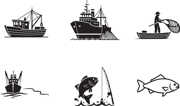 Black and white fishing boats and fish with a fisherman ship desig