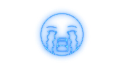 Colorful neon crying emoji illustration featuring bright blue glowing lines and prominent tears, conveying sadness, sorrow, and deep emotional distress, digital icon isolated on transparent background