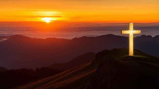 Cross glowing on a mountain ridge with sunset in the background, symbolizing faith and spirituality in a natural landscape