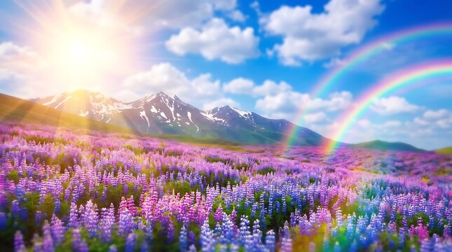 Vibrant field of purple lupine flowers under a double rainbow and bright sun