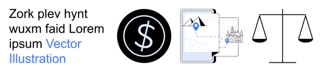 Obraz premium Financial planning, navigation services, legal concepts, decision-making, business tools, investment strategies. Black dollar symbol, map and pin a balance scale. Financial planning and navigation