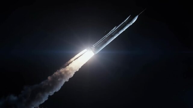 Rocket ballistic launching into space with bright flame and smoke trail featuring launch, earth, atmosphere with planet and cosmos elements for