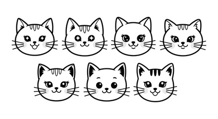 Obraz premium Cute black and white vector outline cat faces showing various cheerful expressions, perfect for playful designs on white.