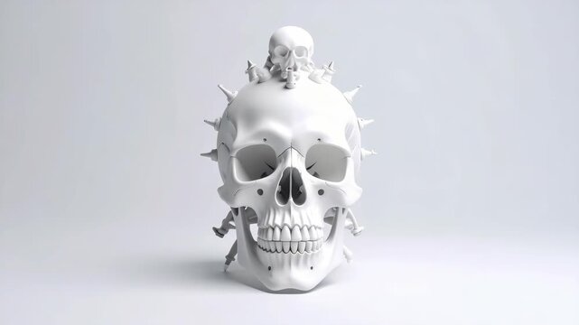 Artistic 3D render of a white porcelain human skull decorated with spikes and a miniature skull on a plain backdrop