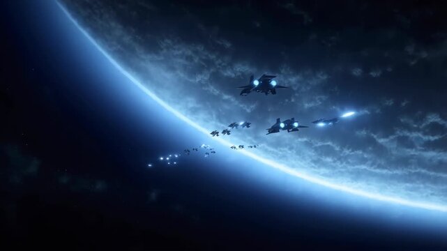 Spaceships in formation above a glowing blue exoplanet during a space war scene with detailed cloudy atmosphere and distant stars.