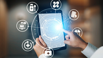 Online pharmacy icons showing medicine, healthcare, prescription and medical services with digital...