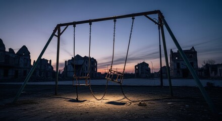 Fototapeta premium Abandoned Playground Swing Set at Dusk
