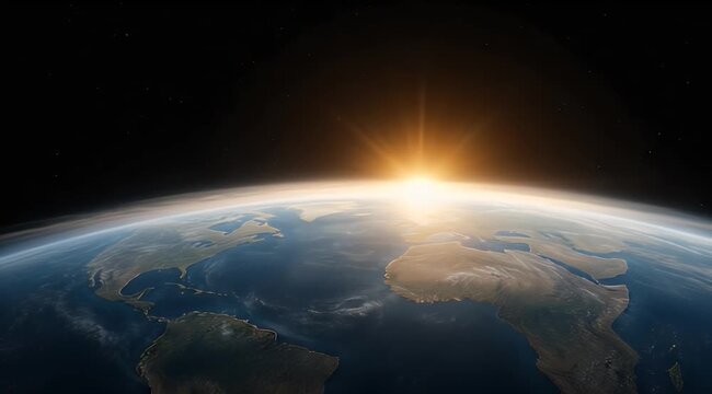 Vibrant sunrise over Earth from space, showing continents, oceans, and starry cosmos