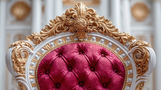 Ornate gold and white throne chair with rich crimson tufted upholstery
