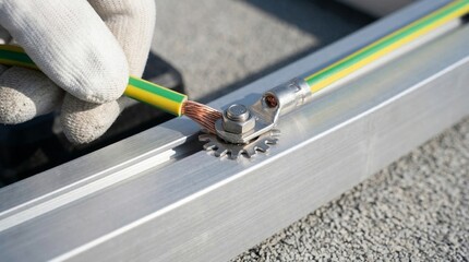Improper grounding wire connection on metal rail, electrical safety risk in solar installation