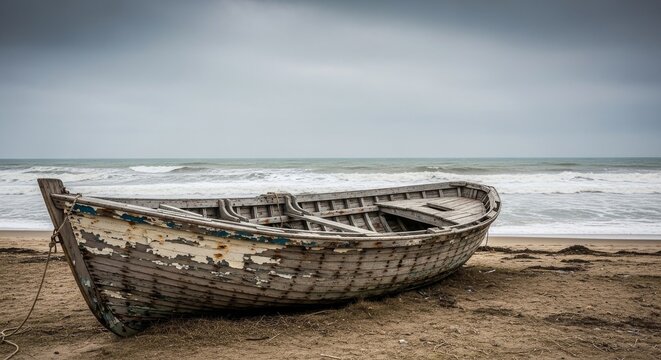 Abandoned Wooden Boat Washed Ashore on a Windswept Beach