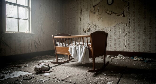 Abandoned Wooden Cradle Rocking in Dilapidated Room