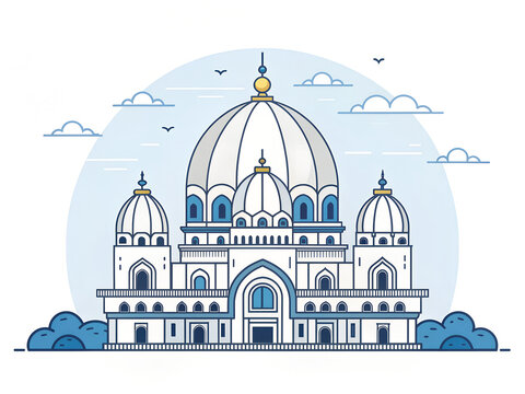 Mayapur temple complex, minimal vector, grand white-blue domes, sacred travel aesthetic